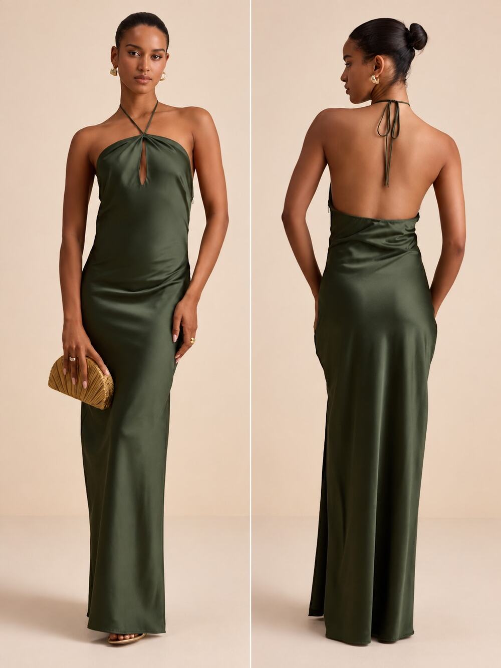 Lulus Gracie Satin Halter Neck Maxi Dress Cut Out Open Back Gown Olive Green